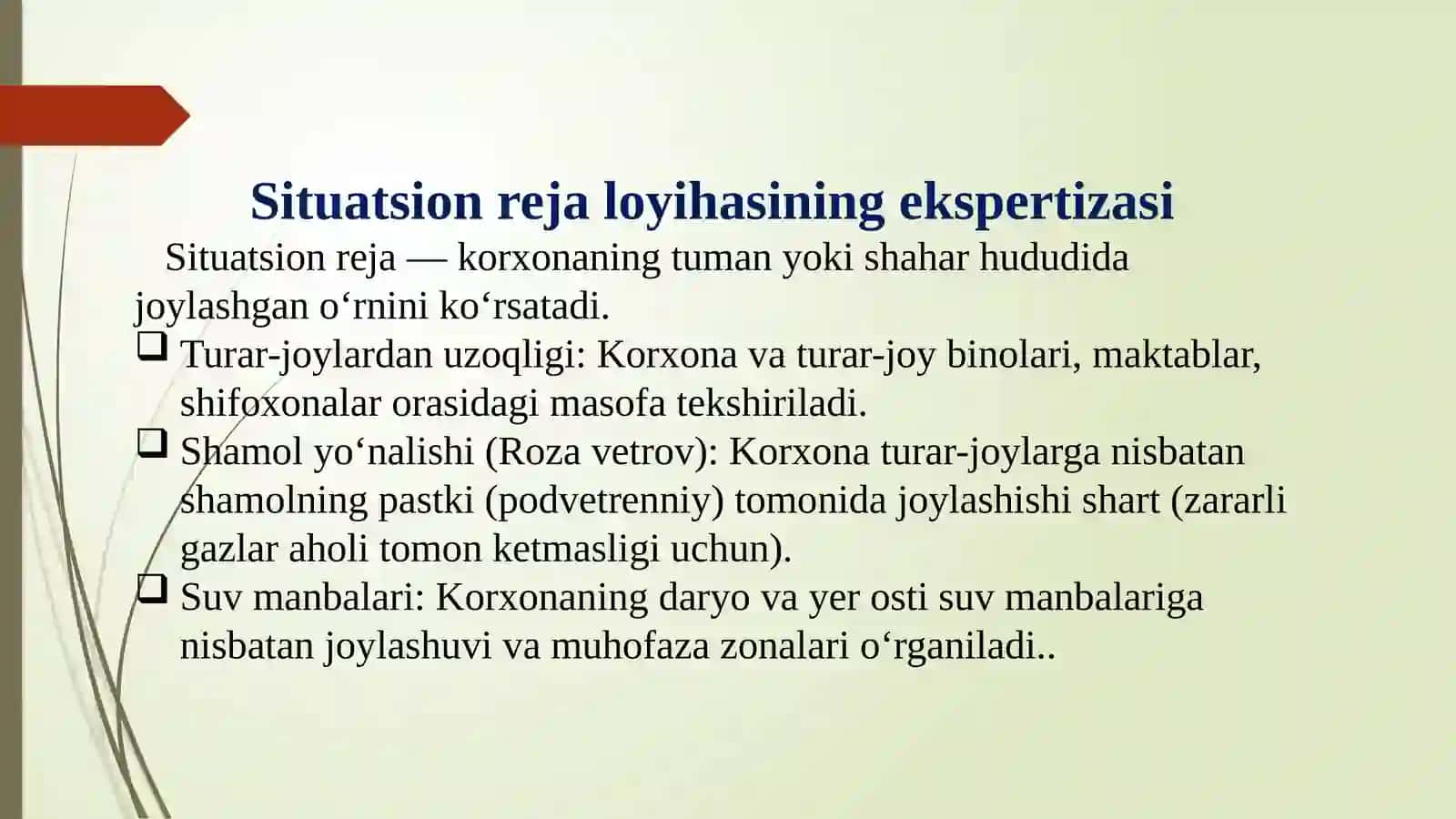 Ishlab chiqarish qurilishida situatsion va bosh rejalar
loyixalarini gigienik ekspertizasi. 4