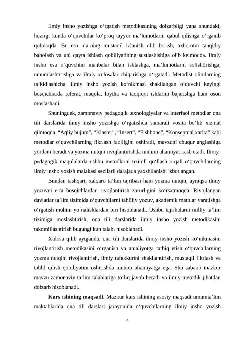 "Ona tili tili darslarida ilmiy insho yozish koʻnikmasini rivojlantirish metodikasi" 4