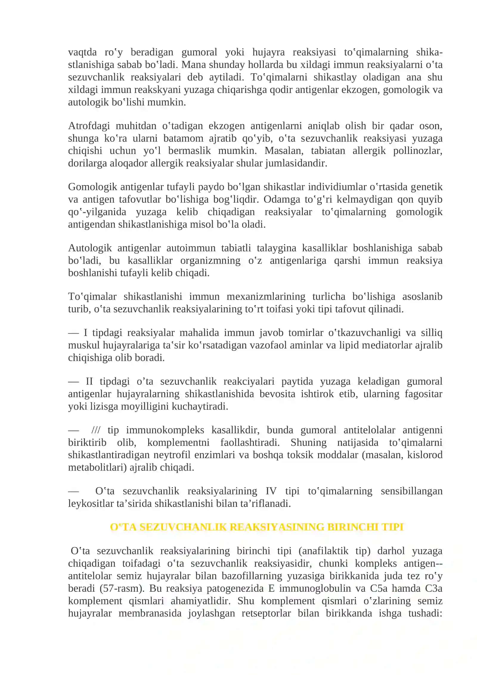 Mavzu 6:Immun buzilishlar.Immun sistemasi xujayralari. HLA va kasalliklar bilan bog‘liqligi. Immun sistemasi buzilishlari. I tipdagi allergiya (anafilaktik tipi). II tipdagi allergiya. III tipdagi o‘ta sezuvchanlik (immun komplekslar orqali). IV tipdagio‘ta sezuvchanlik (xujayralar orqali). Immunologik tolerantlik. Autoimmnun kasalliklar mexanizmlari. Immun tanqislik sindromlari 4