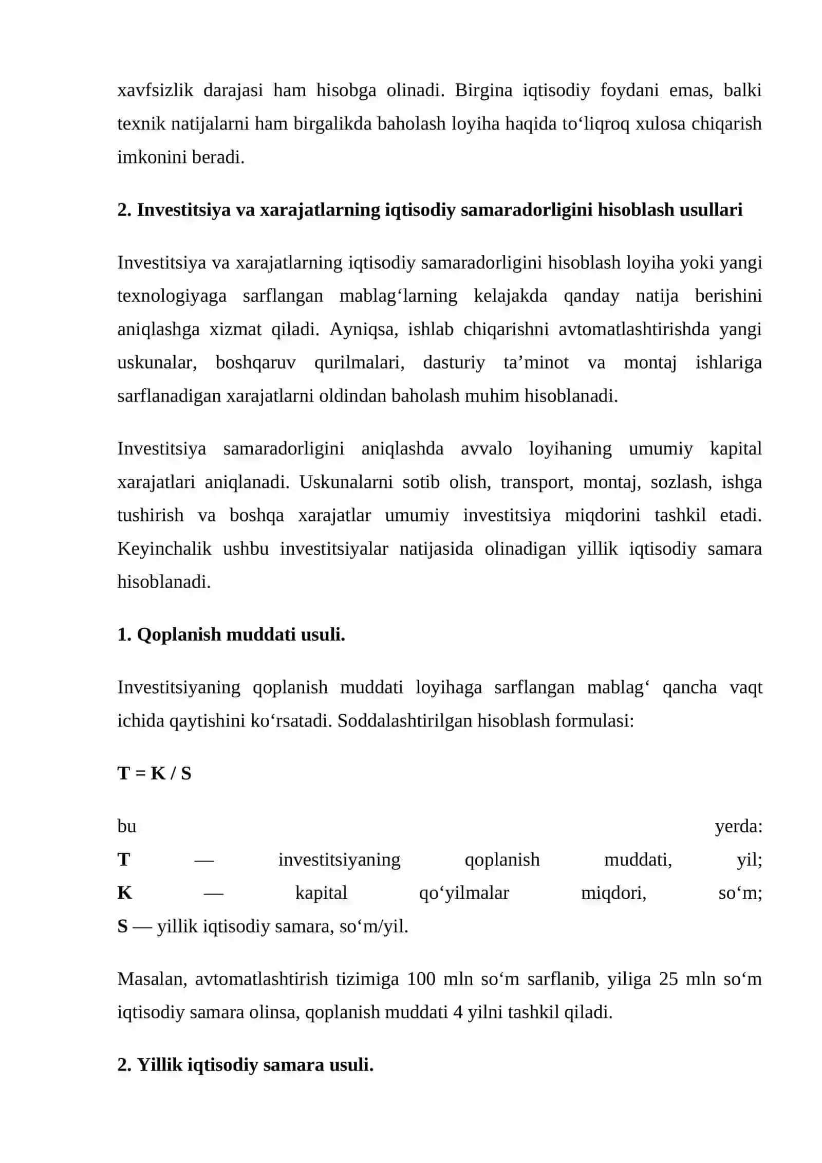 mustaqil ish Texnik-iqtisodiy samaradorlikni hisoblash va baholash usullari. 4