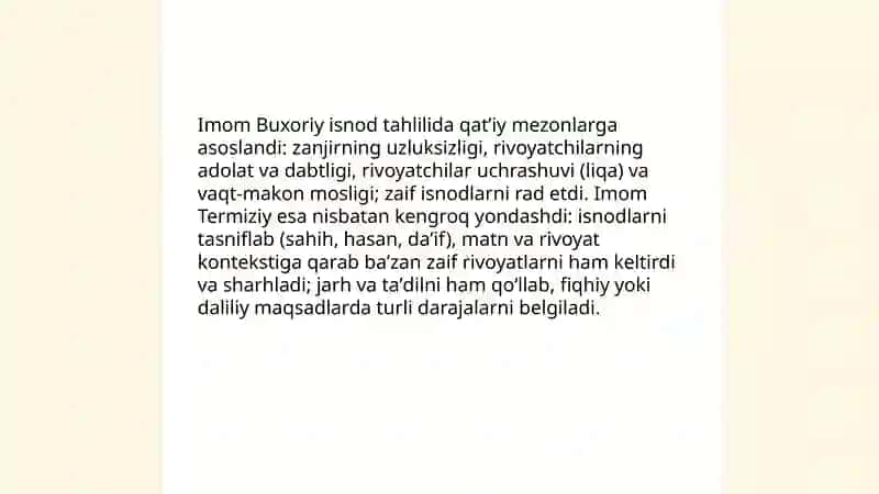 Imom Buxoriy va Imom Termiziyning hadis ilmiga qoʻshgan hissalarini qiyosiy tahlili 4