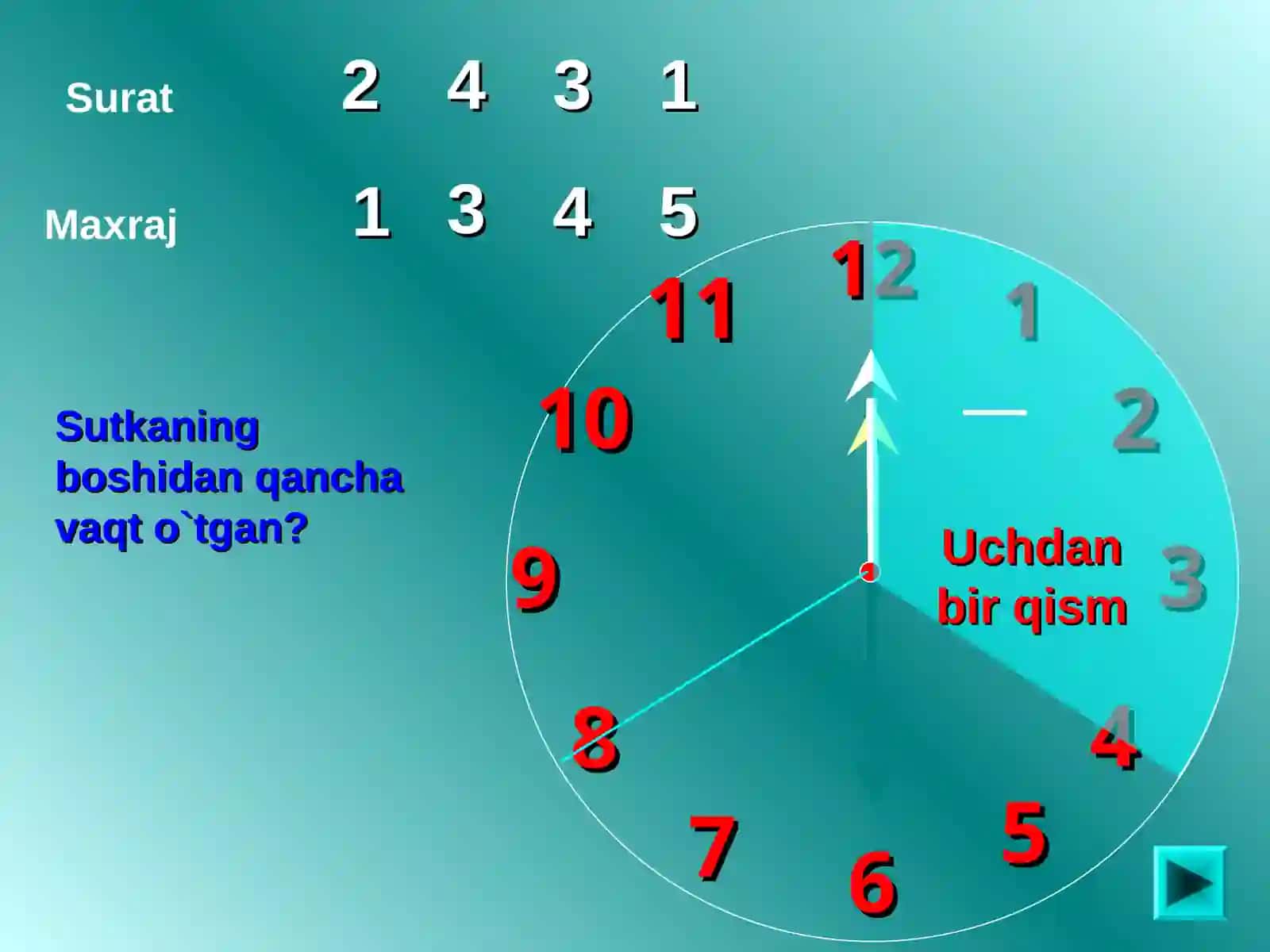Sutkaning qanday qismi o`tdi? 4