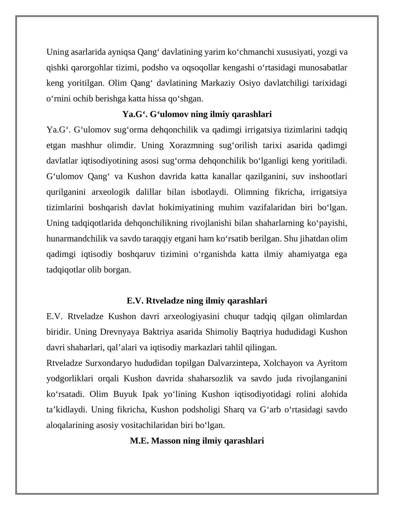 Qang‘ davlati hududi va boshqaruv tizimi. Kushon davlati (podsholigida) xo‘jalik boshqaruvi mavzusiga oid manbalar tahlili va adabiyotlar sharhini tayyorlash 4