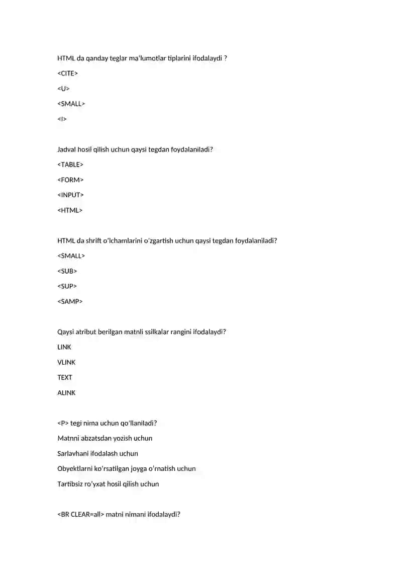 HTML bo'yicha test savollari 4