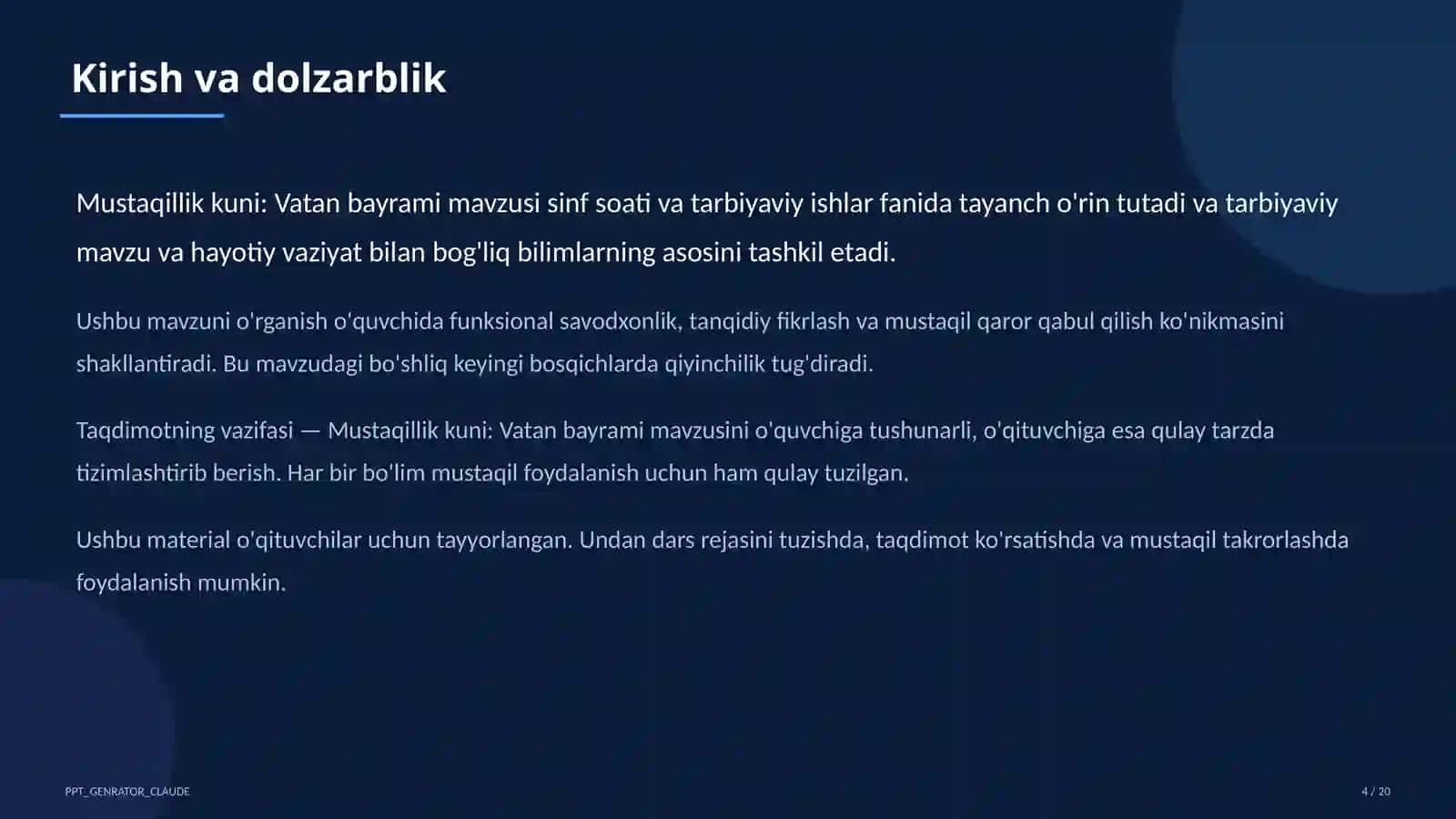 Sinf soati va tarbiyaviy tadbirlar (1–11) — o'qituvchilar uchun 4