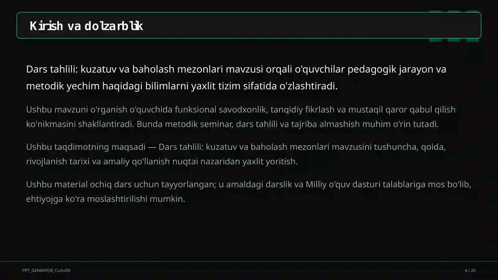Dars tahlili: kuzatuv va baholash mezonlari 4