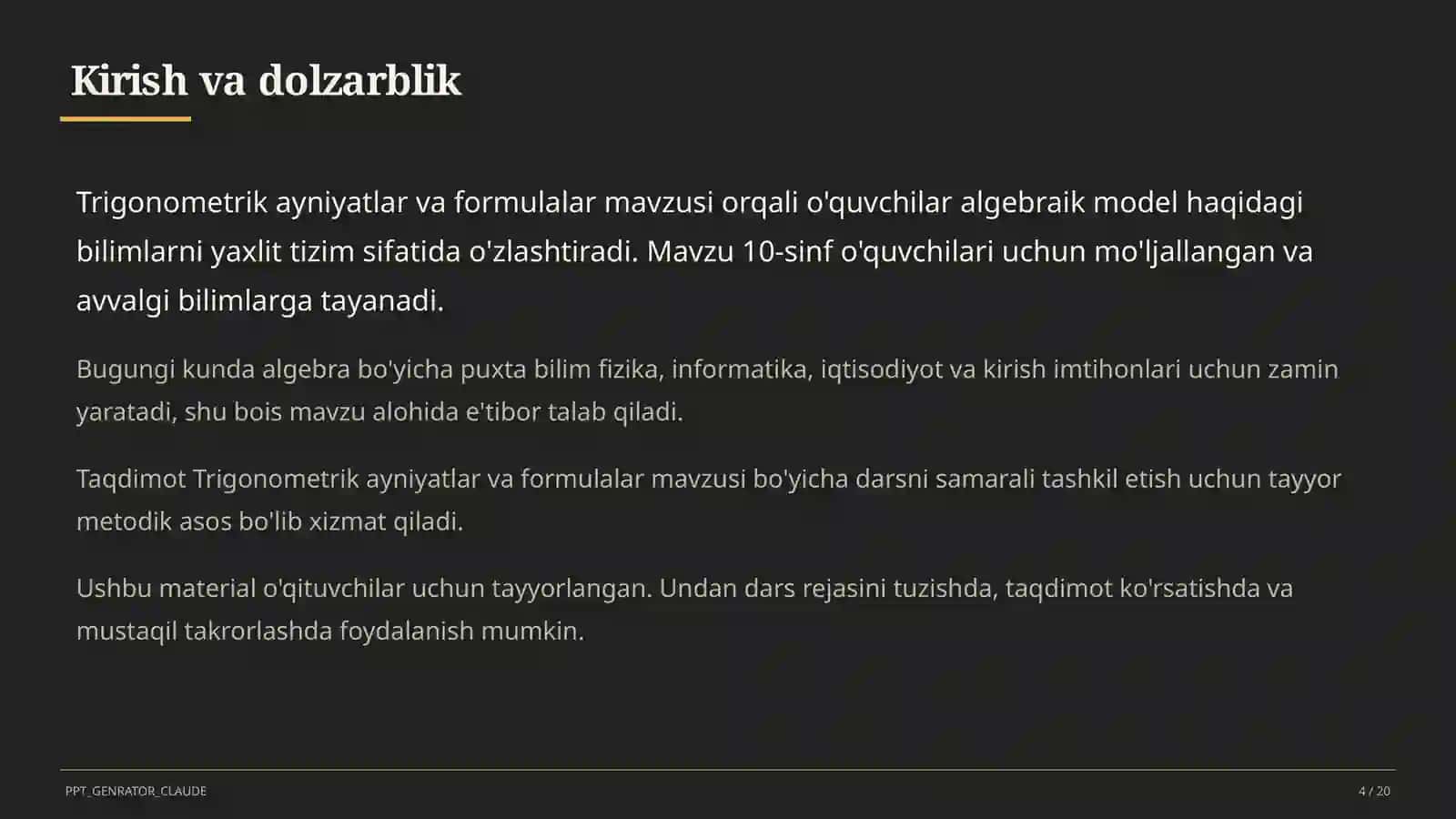 Trigonometrik ayniyatlar va formulalar (10-sinf) 4