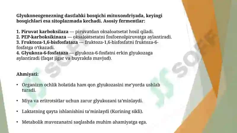 Glyukoneogenez. Pentozofosfat yo‘lining ahamiyati. Fruktoza va galaktoza almashinuvi. Glyukoza gomeostazi, boshqarilishi 4