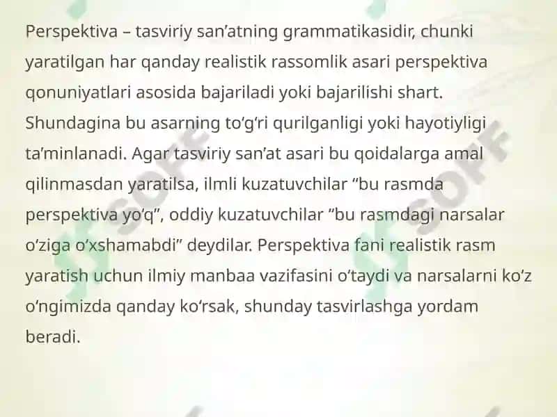 Perspektiva turlarining mazmunini amaliy jihatdan tahlil qilish. Peresktivaning geometrik apparatini va uning terminallarini o’zlashtirish 4