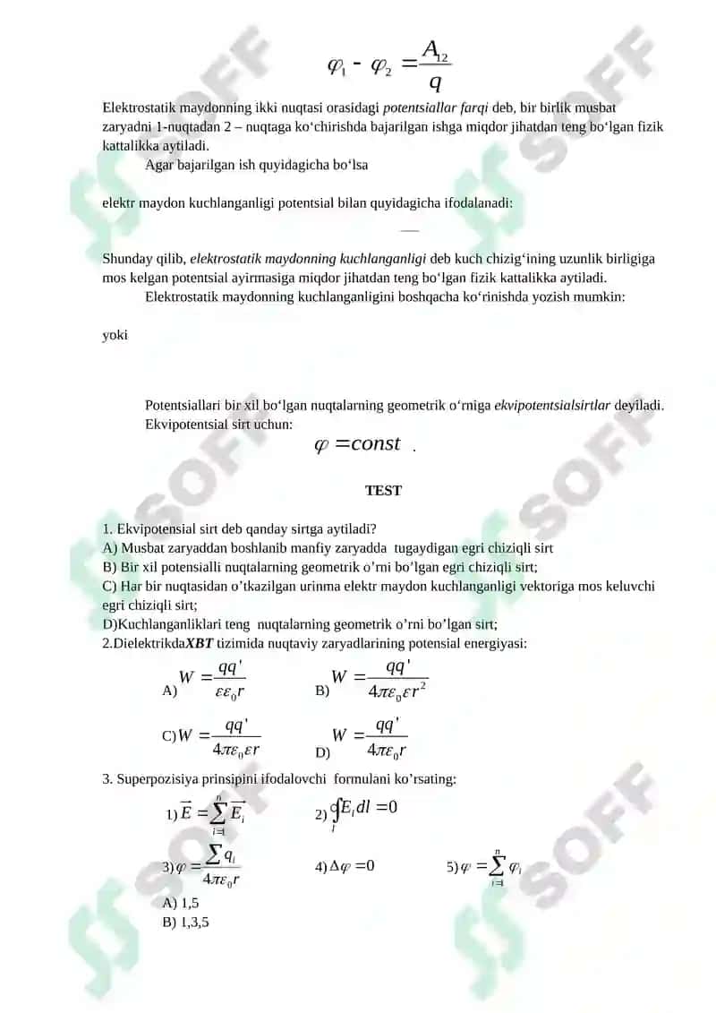 ELEKTROSTATIK MAYDONDA ZARYADNI KO‘CHIRISHDA BAJARILGAN ISH. ZARYADLAR TIZIMINING POTENSIAL ENERGIYASI. POTENSIAL MAYDON. ELEKTR ZARYADI MAYDONINING POTENSIAL ENERGIYASI. 4