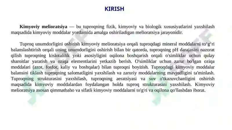 Qishloq xo‘jaligi kimyoviy melioratsiya fani predmeti.  Qishloq xo‘jaligi melioratsiyasining turlari 4