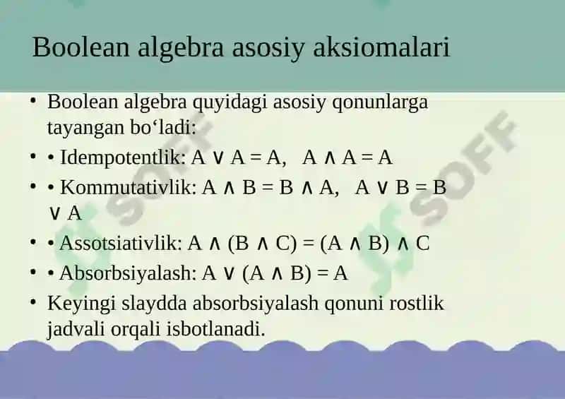 Murakkab mantiqiy ifodalar va Boolean algebra 4
