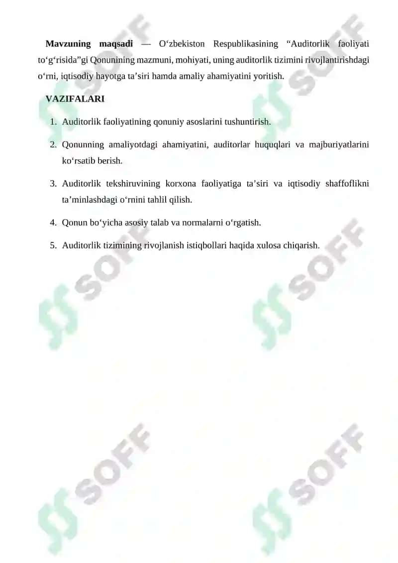 O‘zbekiston Respublikasining «Auditorlik faoliyati to‘g‘risida»gi Qonuni va uning ahamiyati 4