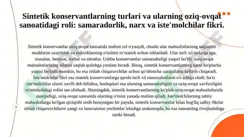 Konserva, sut va go‘sht maxsulotlarini ishlab chiqarishda tabiiy va sintetik konservantlar 4