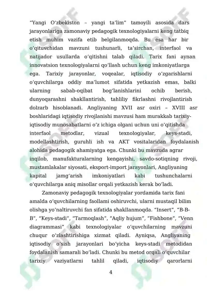 XVII asr oxiri XVIII asr boshlarida Angliyaning iqtisodiy rivojlanish mavzusini oʻqitishda pedagogik texnologiyalarni o’rni 4