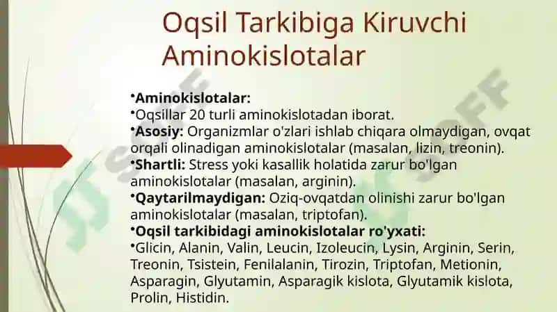 Oqsilmoddalarning ahamiyati biokimyofani 4