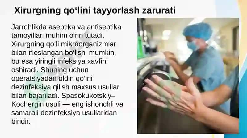 Operatsiyaga tayyorgarlik ko'rish, xirurg qo’lini Spasokukoskiy Kochergin usulini qo‘llash 4