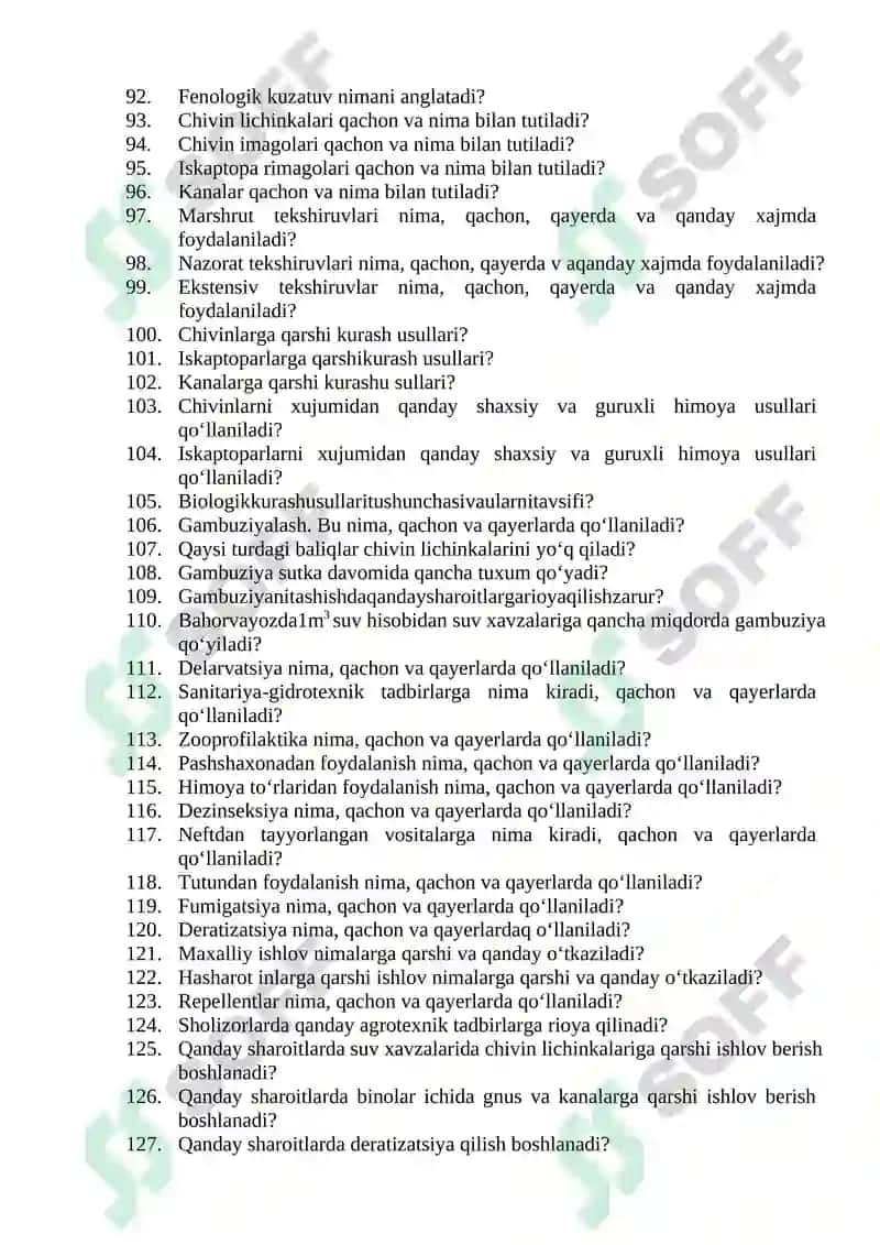 Tibbiy-profilaktika ishi (Entomolog vrach yordamchilari uchun) mutaxassisligi bo'yicha shakllantirilgan og’zaki savollar ro'yxati 4