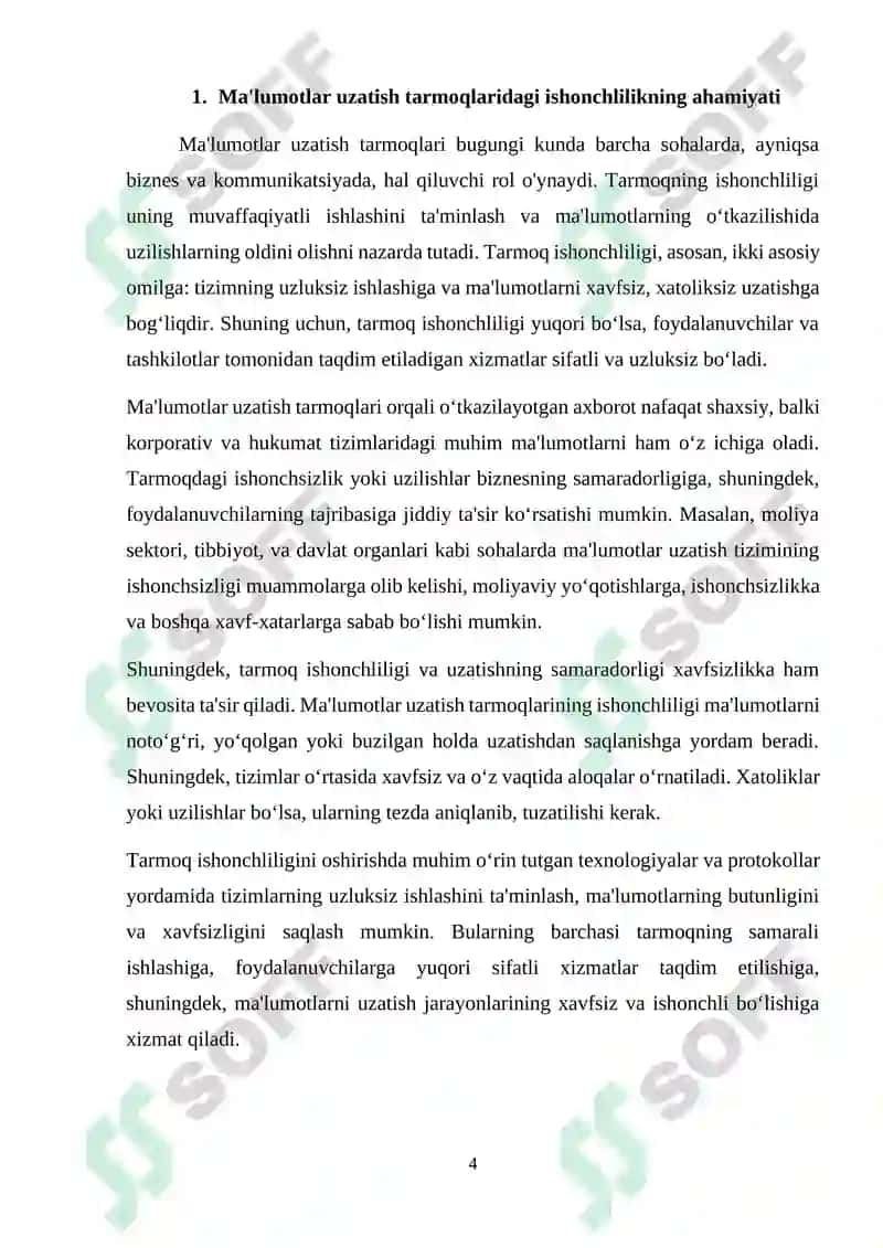 Ma’lumotlar uzatish tarmoqlarining ishonchlilik ko`rsatkichlariga talablar va ularni oshirish usullari. Ma’lumotlar uzatish tarmoqlarida monitoring usullari va protokollari 4