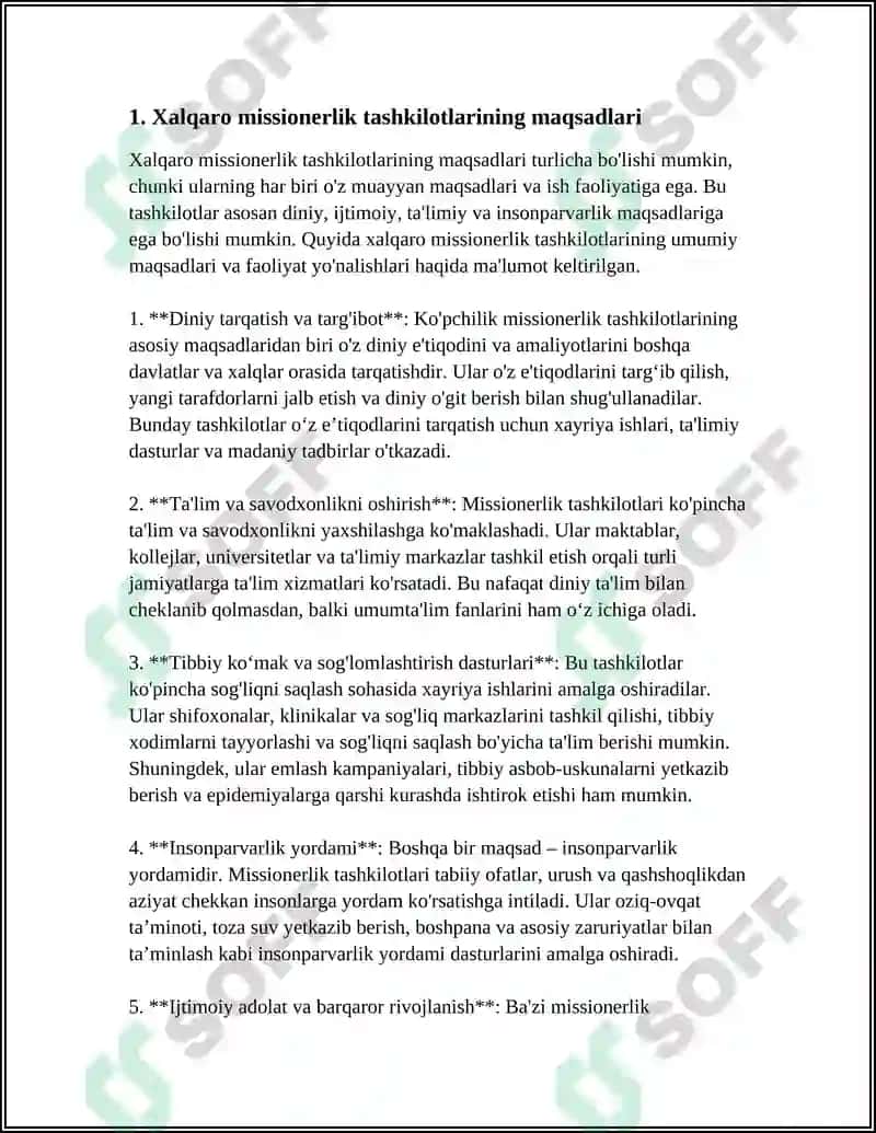 XALQARO MISSIONERLIK TASHKILOTLARINING FAOLIYATI YÕNALISHLARI 5 TA ULARNING TARĢIBOT USULLARI 4