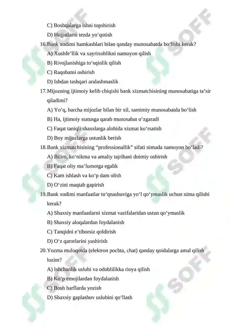 Bank xizmatchisining bahs yuritish madaniyati haqida 60 talik test javobi bilan 4