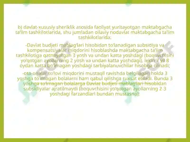 Davlat xususiy sherikchilik asosida maktabgacha ta'lim tashkilotlarini tashkil etish va boshqarishning huquqiy asoslari 4