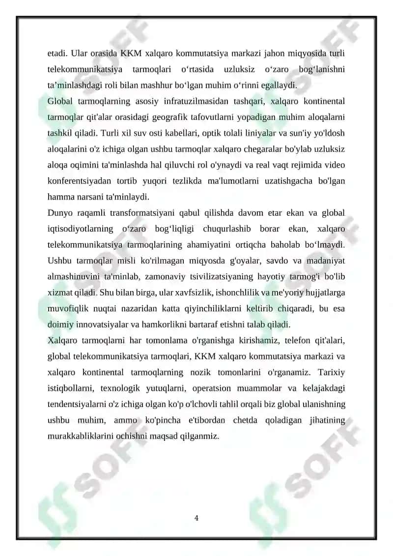 XALQARO TARMOQLAR-TELEFON QIT’ALARI, JAHON TELEKOMMUNIKATSIYA TARMOG‘I, XALQARO KOMMUTATSIYA MARKAZI XKM, XALQARO KONTINENTAL TARMOQLAR 4