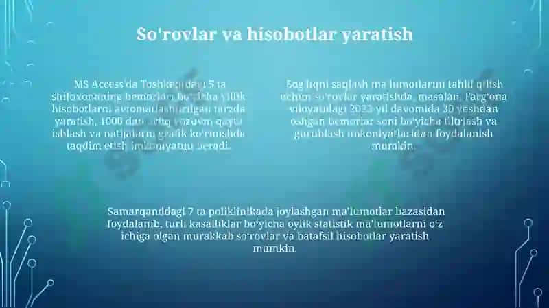 Tibbiyot axbarot titillating MS.Access dasturiy ta'minotidan foydalanish 4