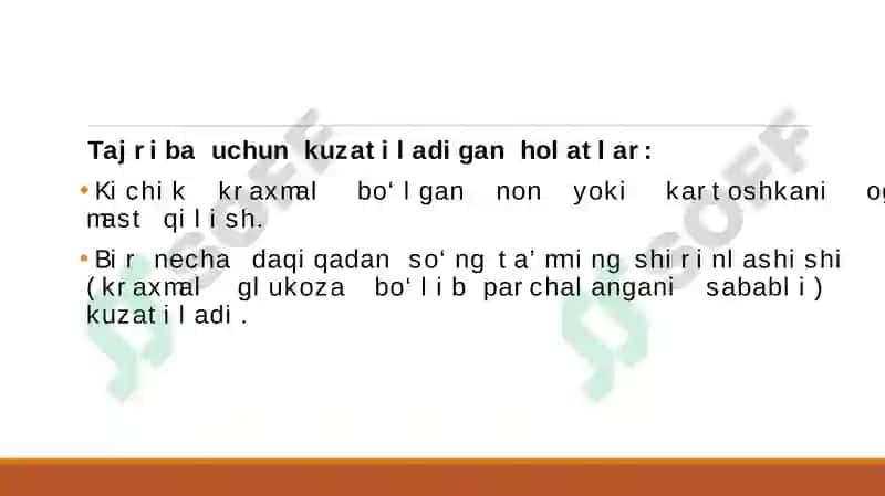 OG'IZ BO'SHLIG'IDA XAZM QILISH JARAYONINI O'RGANISH,SO'LAK XOSSALARI VA AJRALISHINI TEKSHIRISH.-SO'LAKNING AMILOLITIK AKTIVLIGINI KUZATISH MM DASTURI «AMALIYOT FIZIOLOGIYASIE -LESHLI-KRASNOGORSKIY KAPSULASINING NAMOYISHI 4