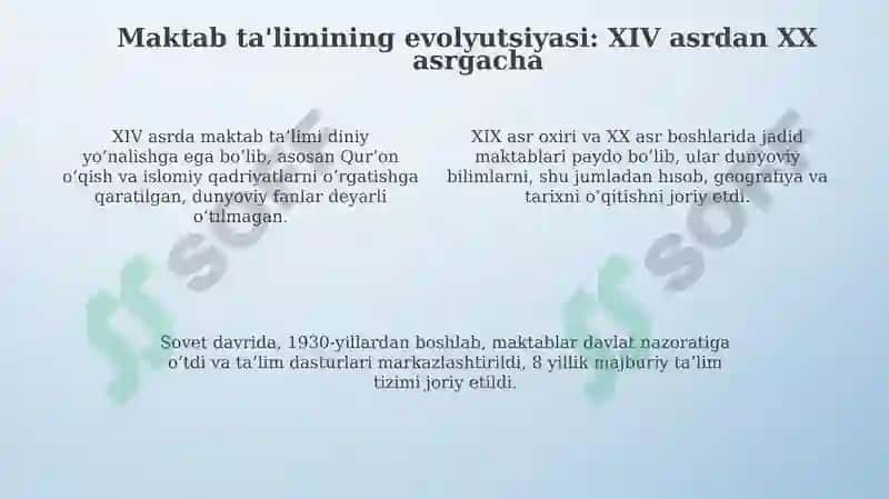 XIV asrdan XX asrning 90-yillarida boʻlgan tarbiya maktab va taʼlim tizimi 4