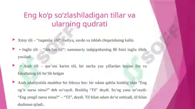 “Til – insoniyatning eng ulkan kashfiyoti. Agar odamlar bir-birini tushunmaganida, tarix ham, ilm ham, madaniyat ham bo‘lmagan bo‘lardi.” 4