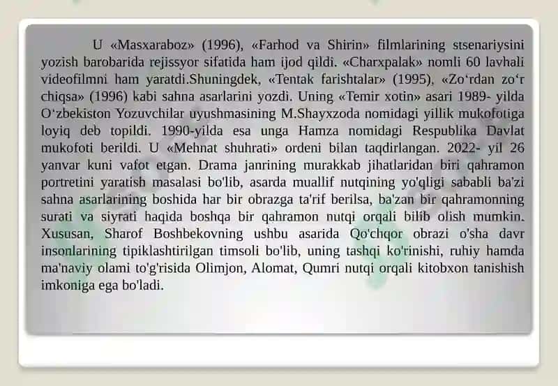 Sharof Boshbekovning dramalari 4