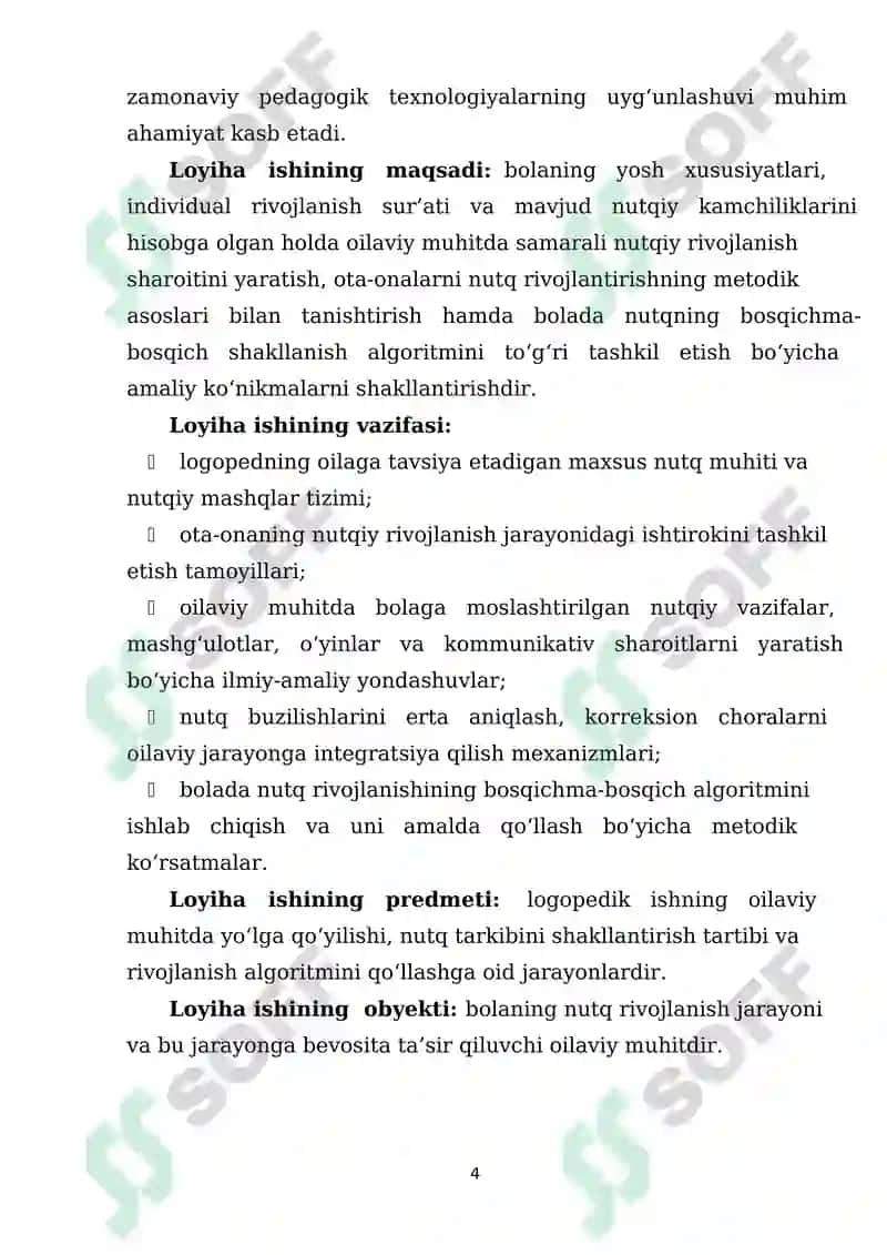 Logopedning oilaga maxsus nutq tarkibini tashkil qilish tartibi, bolada nutq rivojlanishining algoritmi 4