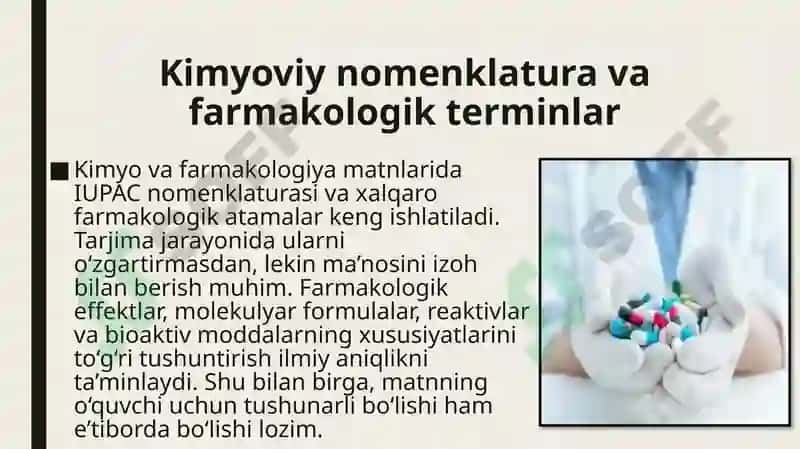 Kimyo va farmakologiyasohalariga oid matnlar tarjimasi 4