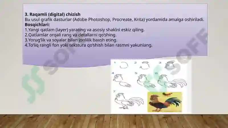 Tovuq va xoʻroz rasmlarini chizish metodikasi 4