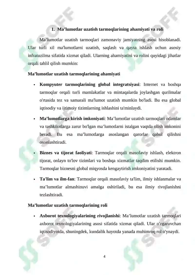 Ma’lumotlar uzatish tarmoqlarining ishonchlilik ko`rsatkichlariga talablar va ularni oshirish usullari. Ma’lumotlar uzatish tarmoqlarida monitoring usullari va protokollari 4