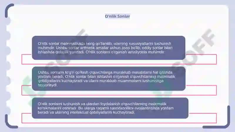 O'nlik, Yuzik, Minglik va Ko'p Xonali Sonlar Konsentrida Arifmetik Amallarni O'rgatishTayyorladi:GʻulomovaSarvinoz 4