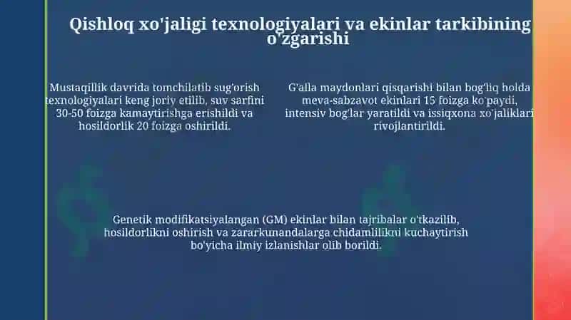 Mustaqillik yillarida qishloq xo'jalik vasan'at sohasidagi o'zgarishlar 4
