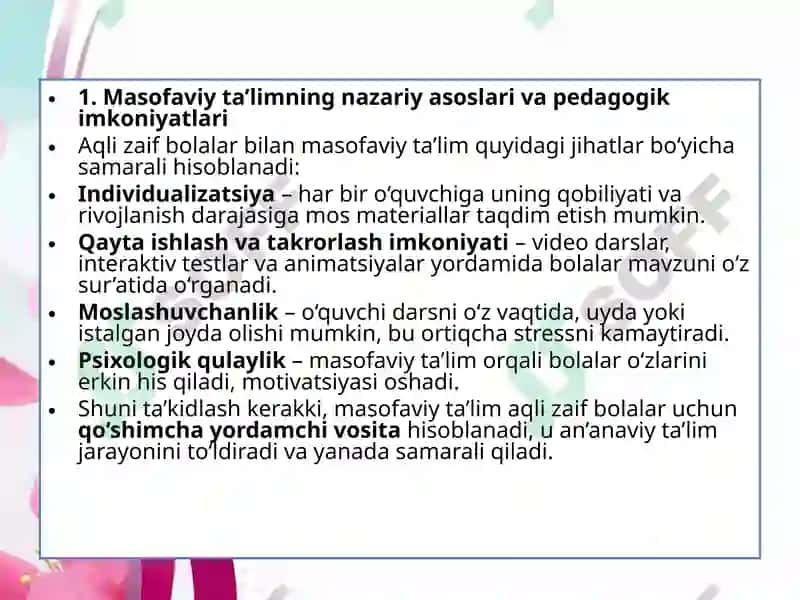 AQLI ZAIF BOLALAR BILAN MASOFAVIY TA’LIM IMKONIYATLARI 4