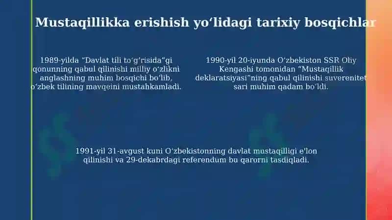Mustaqil Oʻzbekiston Respublikasini tashkil topishi va uning tarixiy ahamiyati 4