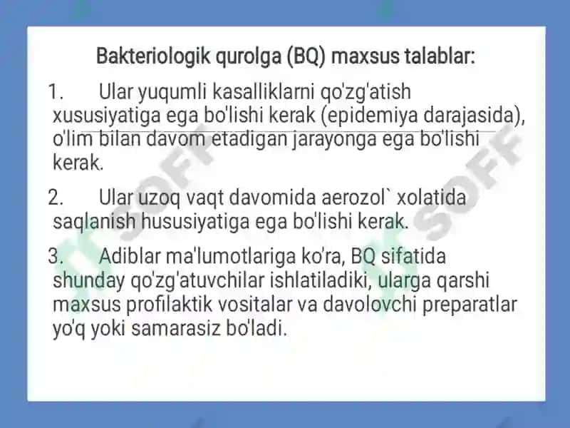 Bakteriologik qurolning jangovar jihatlari va tasnifi 4