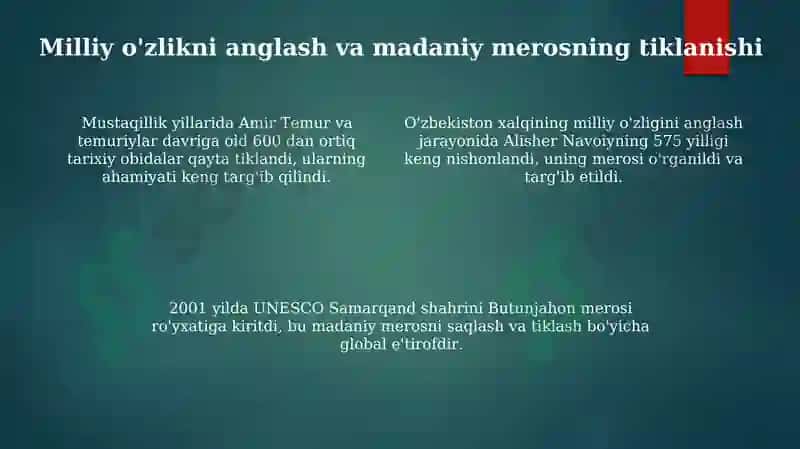 Mustaqillik yillarida Oʻzbekistondagi ma'naviy va madaniy taraqqiyot 4