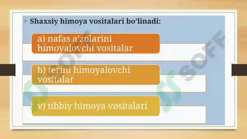 SHAXSIY HIMOYA VOSITALARI, MAXSUS HIMOYA VOSITALARI, SHAXSIYTIBBIY VOSITALARI VA ULARDAN FOYDALANISH 4