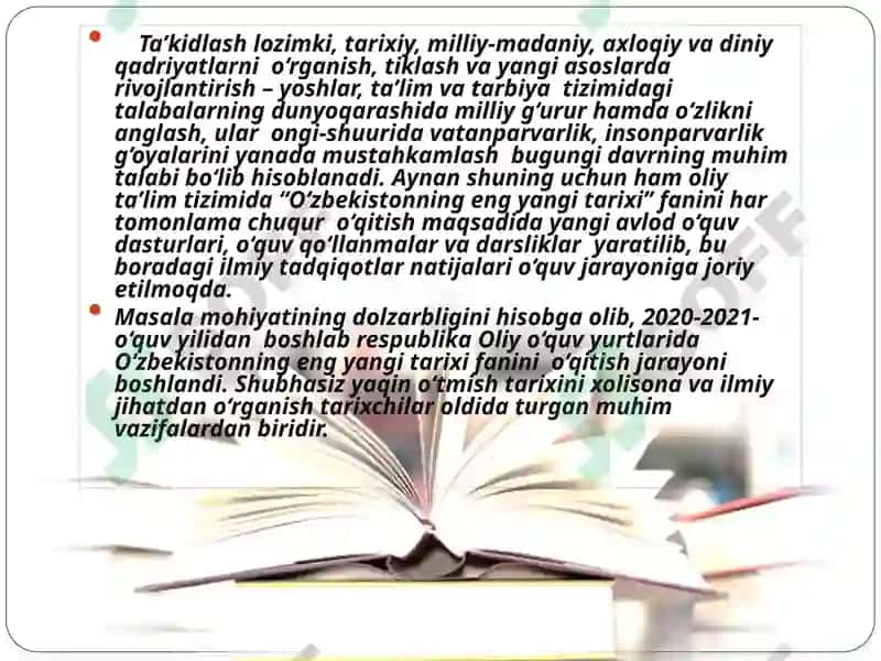 “O’zbekistonning eng yangi tarixi” o’quv fanining predmeti, maqsadi va vazifalari, nazariy-metodologik tamoyillari. 4