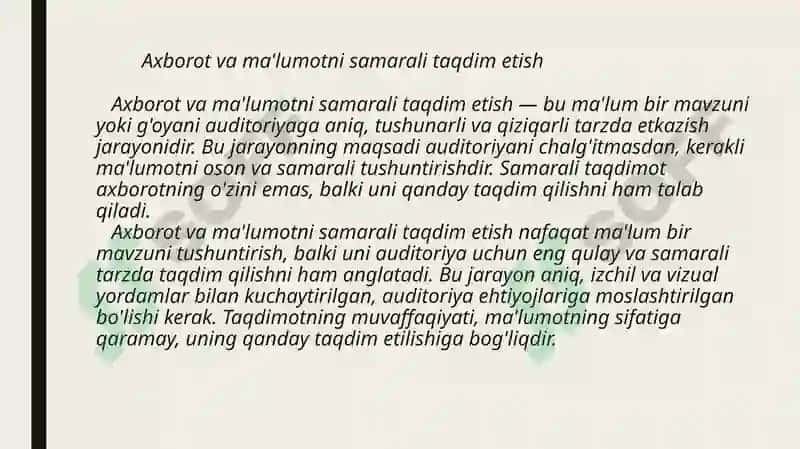 Soft skills-kommunikativlik. Turli sohalardagi faoliyat natijalarini samarali namoyish etish. Taqdimotni tuzish. Axborotni transformatsiyalashtirish. 4