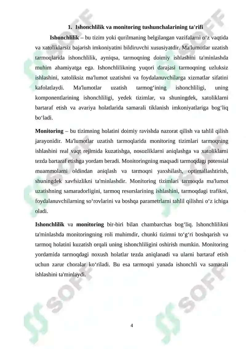 Ma'lumotlar uzatish tarmoqlarining ishonchlilik ko`rsatkichlariga talablar va ularni oshirish usullari. Ma'lumotlar uzatish tarmoqlarida monitoring usullari va protokollari 4