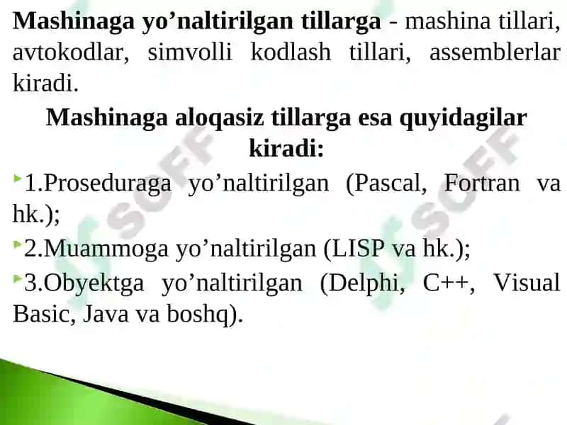 Dastur tushunchasi. Masalani tayyorlash va yechish bosqichlari. Dastur tuzish texnologiyalari. Zamonaviy dasturiy vositalar tasnifi. 4