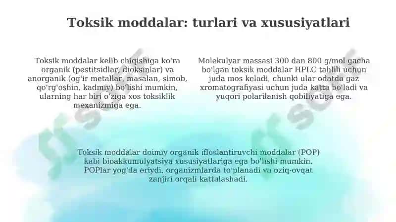 Zaharli moddalarni tahlilida Yuqori samarali suyuqlik xromatografiya 4