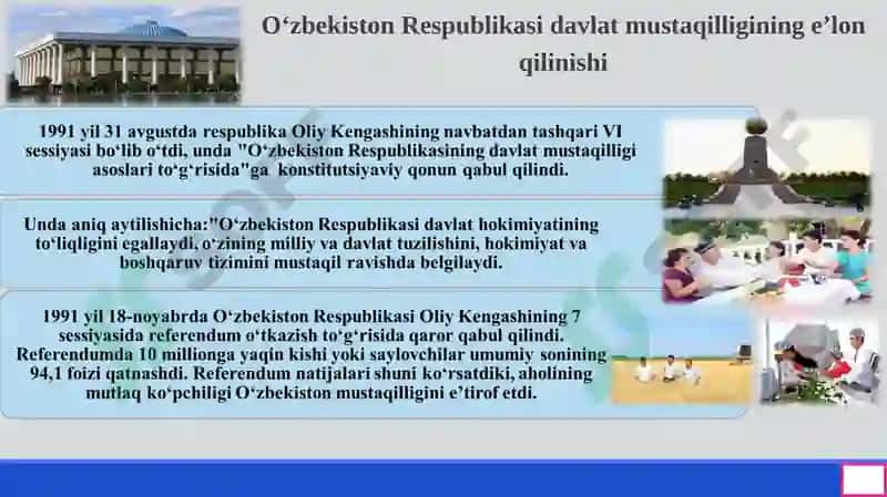 Mustaqil O‘zbekiston Respublikasi tashkil topishining tarixiy ahamiyati. O‘zbekistonda demokratik, fuqarolik jamiyati asoslarining shakllanishi, amalga oshirilgan siyosiy islohotlar 4