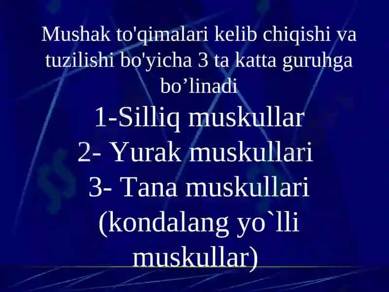Muskullar sistemasiga umumiy tushuncha. Muskullar sistemasi klassifikatsiyasi, tuzilishi 4